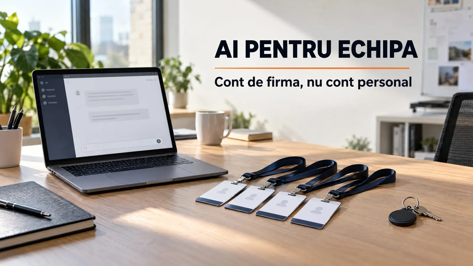 Birou de firma cu un laptop pe care e deschisa o fereastra de chat AI, patru ecusoane de acces identice pe snururi, pregatite pentru echipa, si o cheie personala pusa deoparte; pe imagine scrie AI PENTRU ECHIPA si Cont de firma, nu cont personal