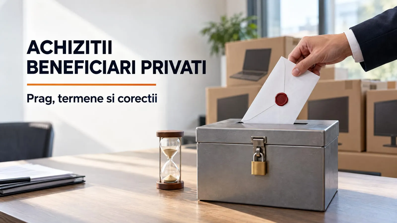 O mana introduce un plic alb, sigilat cu ceara rosie, in fanta unei cutii metalice incuiate cu lacat, langa o clepsidra, pe un birou cu dosare; in fundal, cutii de carton cu laptopuri si monitoare. Pe imagine scrie ACHIZITII BENEFICIARI PRIVATI, cu o linie portocalie sub titlu, si Prag, termene si corectii