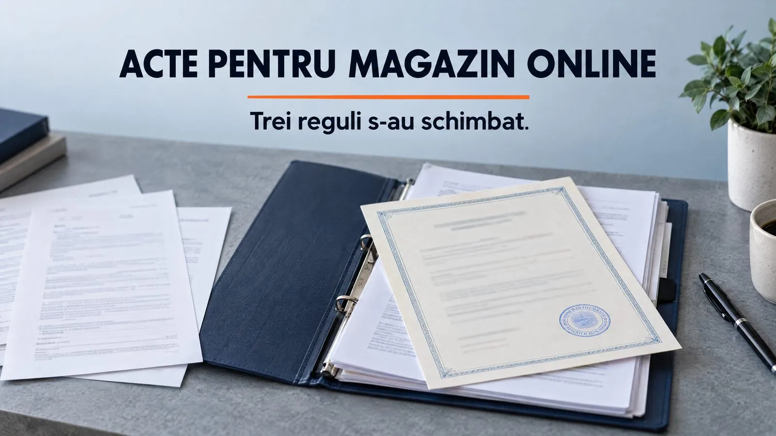 Un dosar de firma deschis pe birou, cu un certificat stampilat asezat peste teancul de documente si trei file scoase alaturi, in stanga; pe imagine scrie ACTE PENTRU MAGAZIN ONLINE, cu o linie portocalie sub titlu, si Trei reguli s-au schimbat