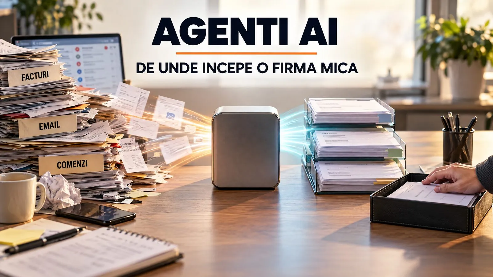 Teancuri de hartii etichetate Facturi, Email si Comenzi intra intr-un dispozitiv de pe birou si ies sortate in tavi, iar alaturi ramane o tava separata sub mana omului; pe imagine scrie Agenti AI, de unde incepe o firma mica
