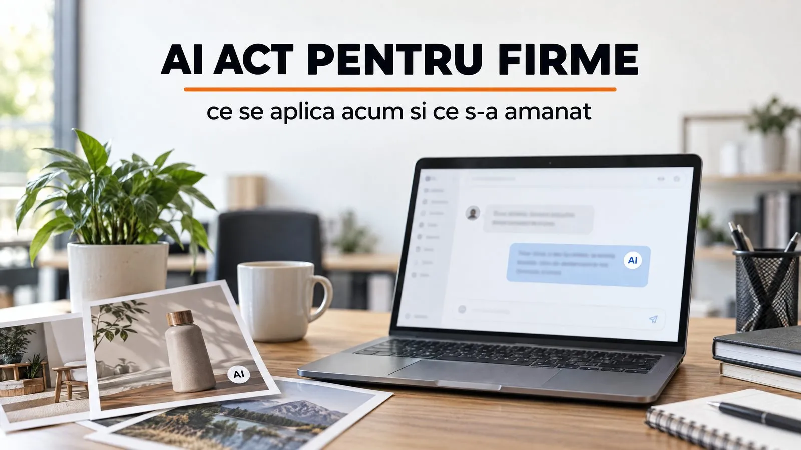 Birou luminos: pe laptop, fereastra de chat a unui site in care raspunsul poarta eticheta AI, iar pe masa o fotografie de produs cu un abtibild AI; pe imagine scrie AI ACT PENTRU FIRME si ce se aplica acum si ce s-a amanat