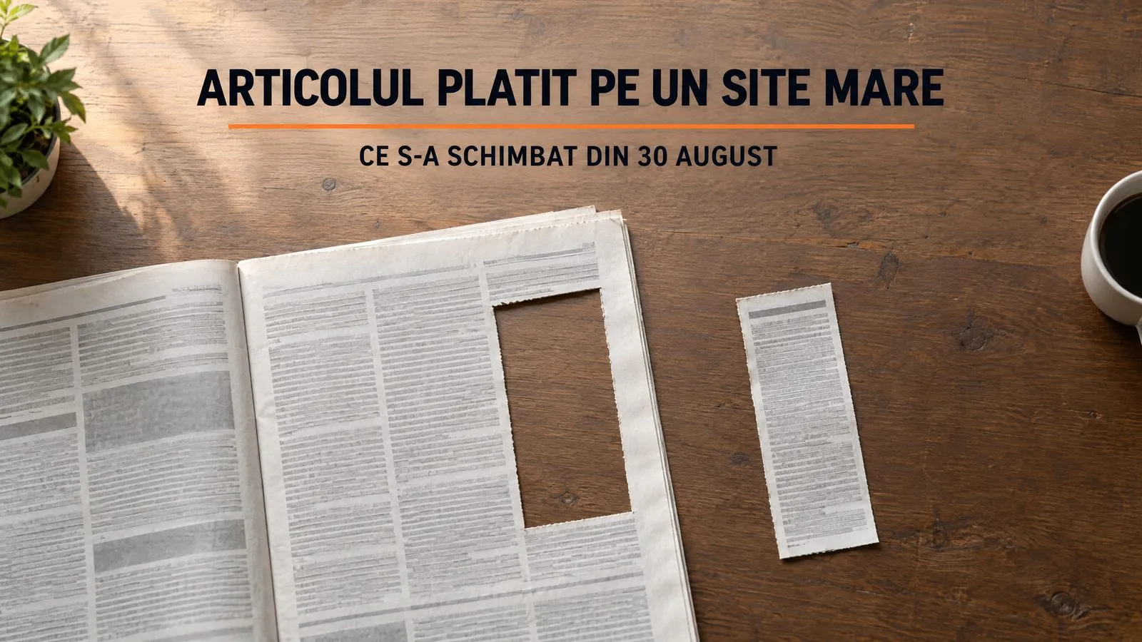 Un articol tiparit desprins dintr-un ziar mare si asezat separat pe masa, cu spatiu gol in jur; pe imagine scrie Articolul platit pe un site mare, ce s-a schimbat din 30 august