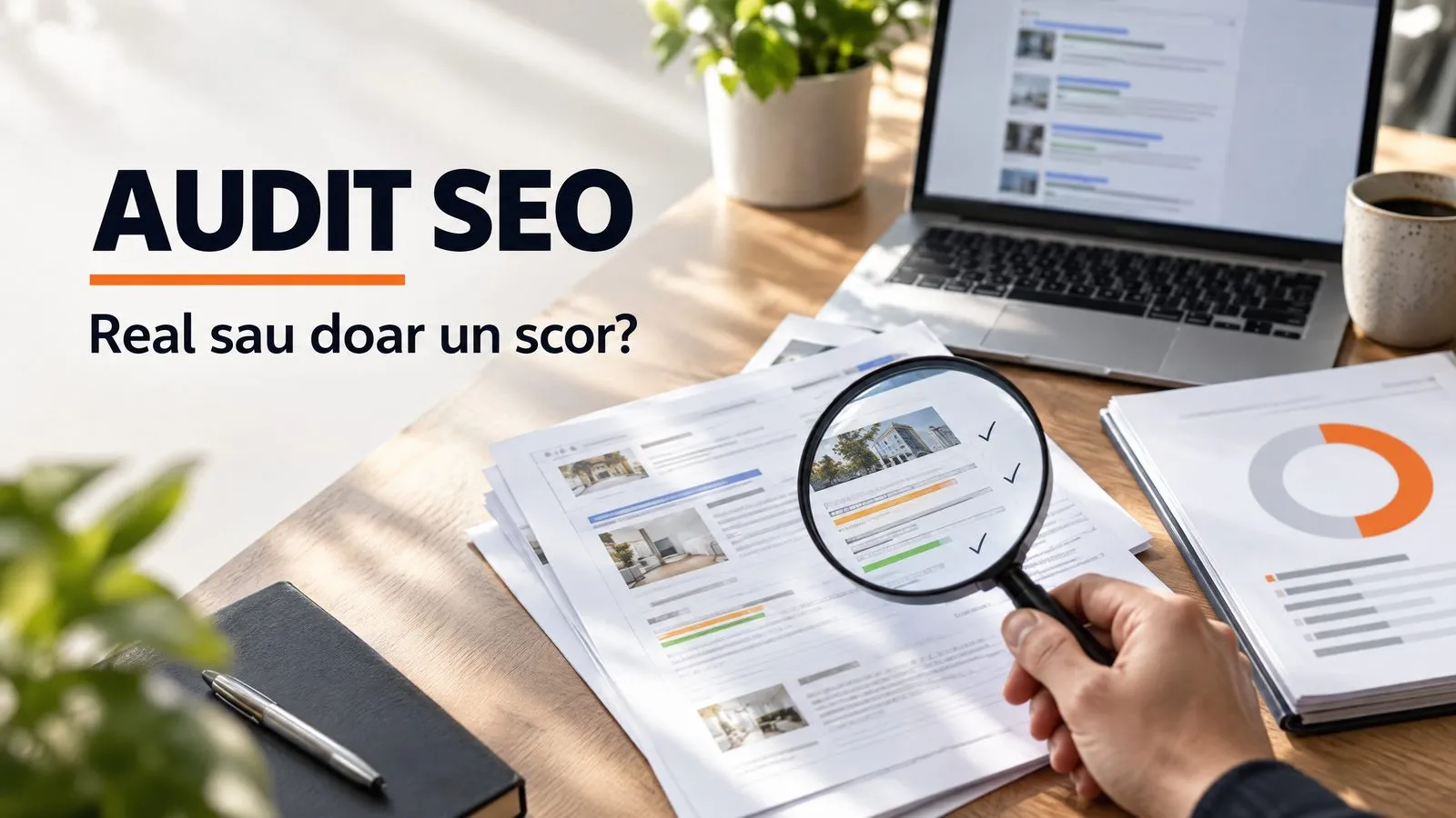 Birou vazut de sus: o mana tine o lupa deasupra unor pagini tiparite dintr-un site, cu randuri evidentiate si bife, langa un laptop cu o pagina de rezultate de cautare si un raport lucios cu un grafic circular de scor, lasat deoparte; pe imagine scrie AUDIT SEO, cu o linie portocalie sub titlu, si Real sau doar un scor?