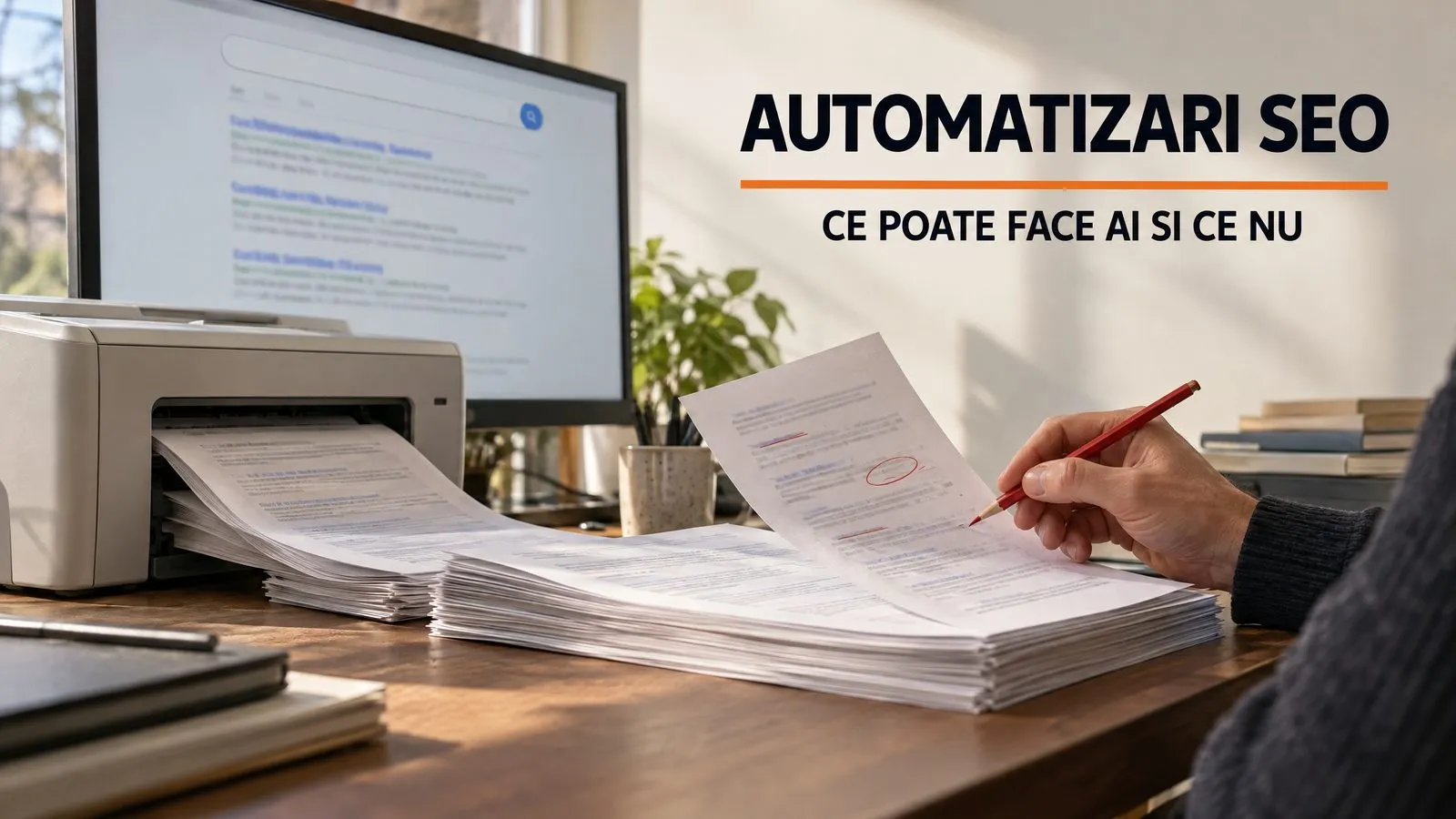 Monitor cu o pagina de rezultate de cautare, o imprimanta care scoate pagini identice si o mana care corecteaza una cu creionul rosu; pe imagine scrie Automatizari SEO, ce poate face AI si ce nu