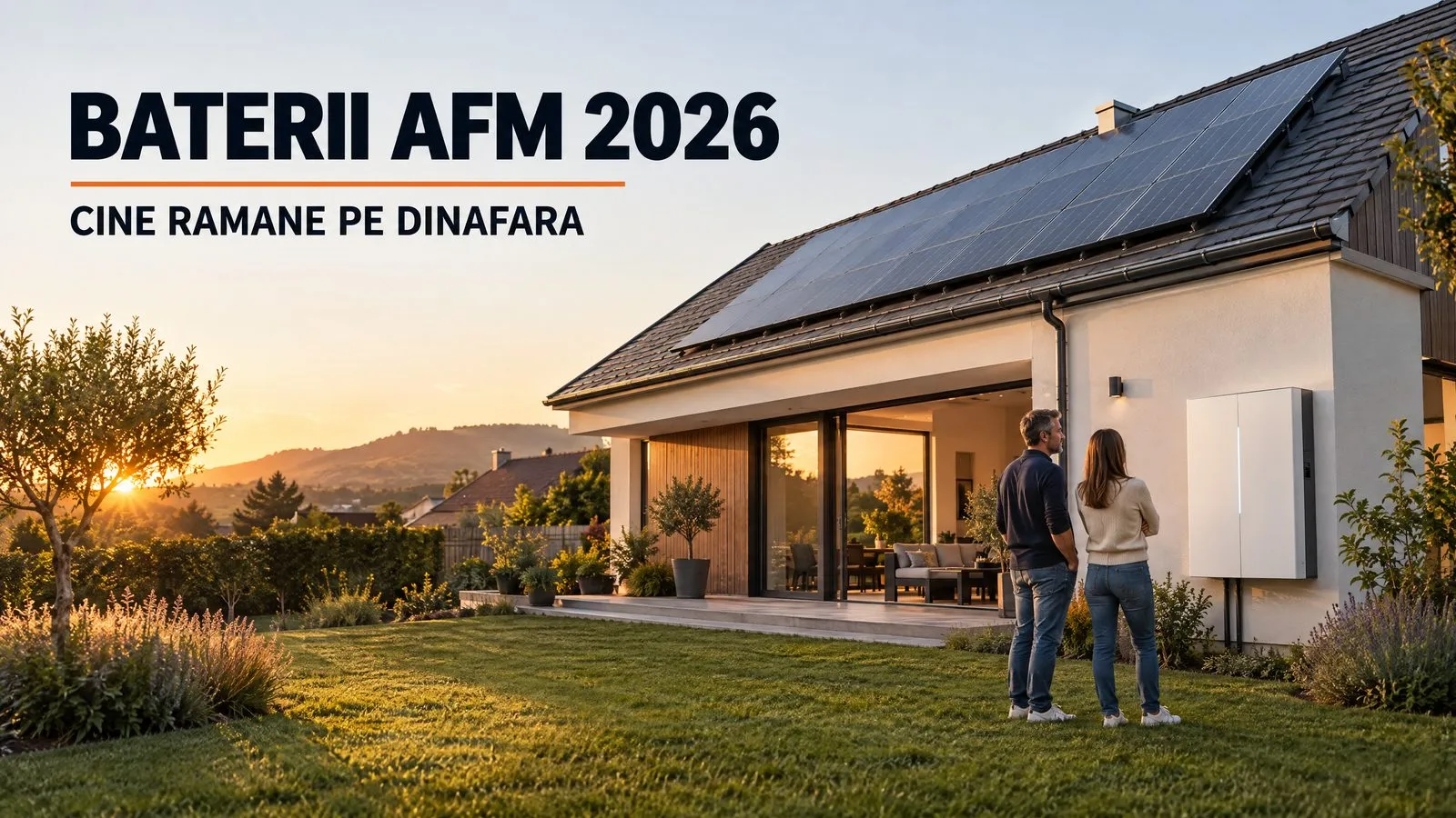 Casa cu panouri fotovoltaice pe acoperis la apus si un cuplu langa bateria de stocare montata pe perete; pe imagine scrie Baterii AFM 2026, cine ramane pe dinafara
