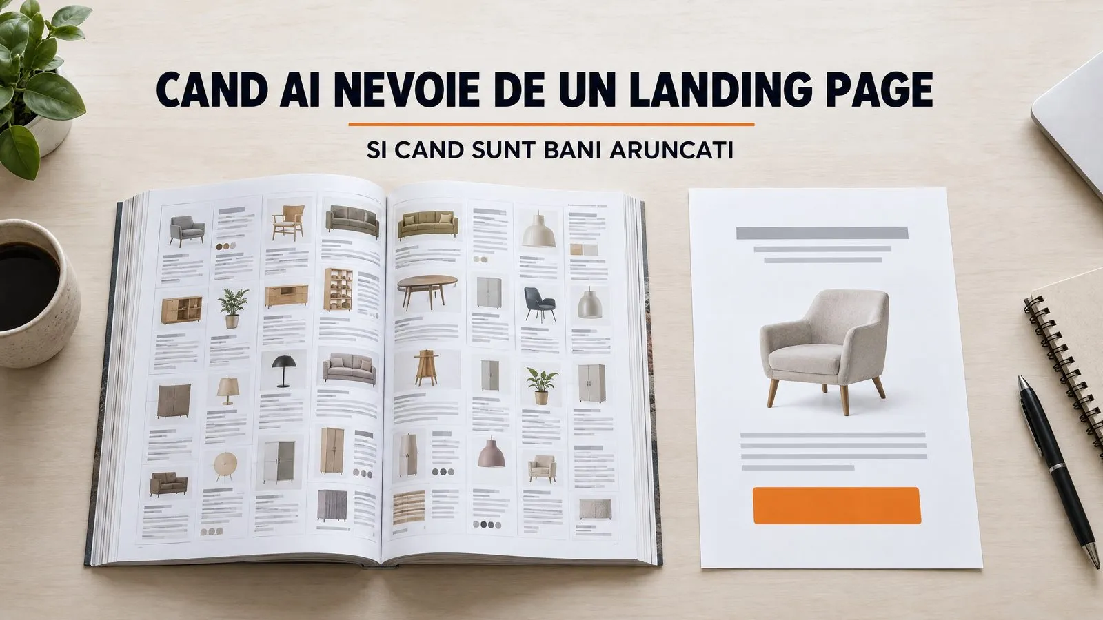 Un catalog gros de mobila deschis pe birou, plin de zeci de produse, iar alaturi un singur pliant cu un fotoliu si un buton portocaliu; pe imagine scrie Cand ai nevoie de un landing page si cand sunt bani aruncati