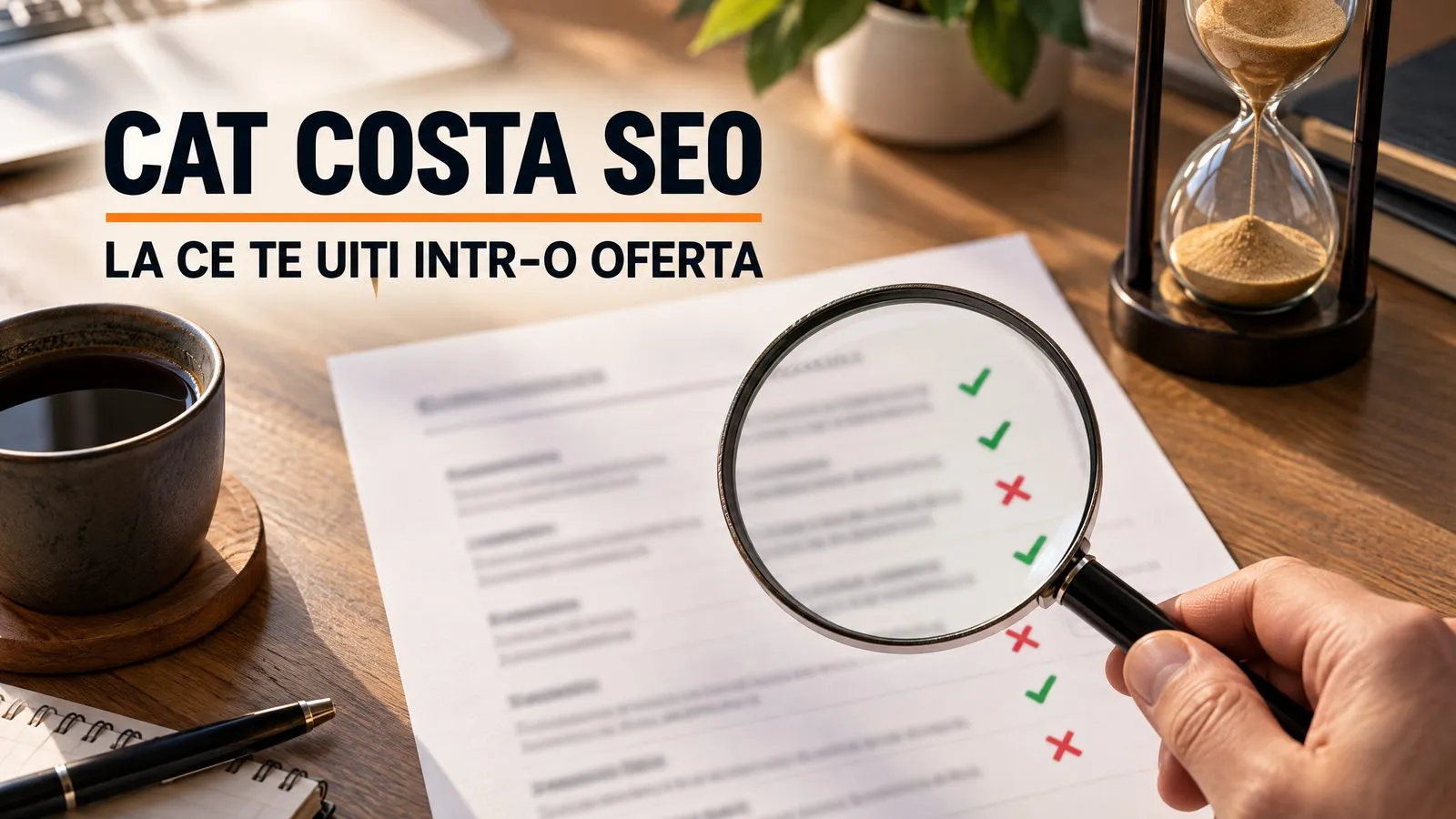 Oferta de SEO tiparita pe birou, cu o lupa deasupra: unele capitole au bifa verde, altele X rosu, iar langa ele o clepsidra; pe imagine scrie Cat costa SEO, la ce te uiti intr-o oferta