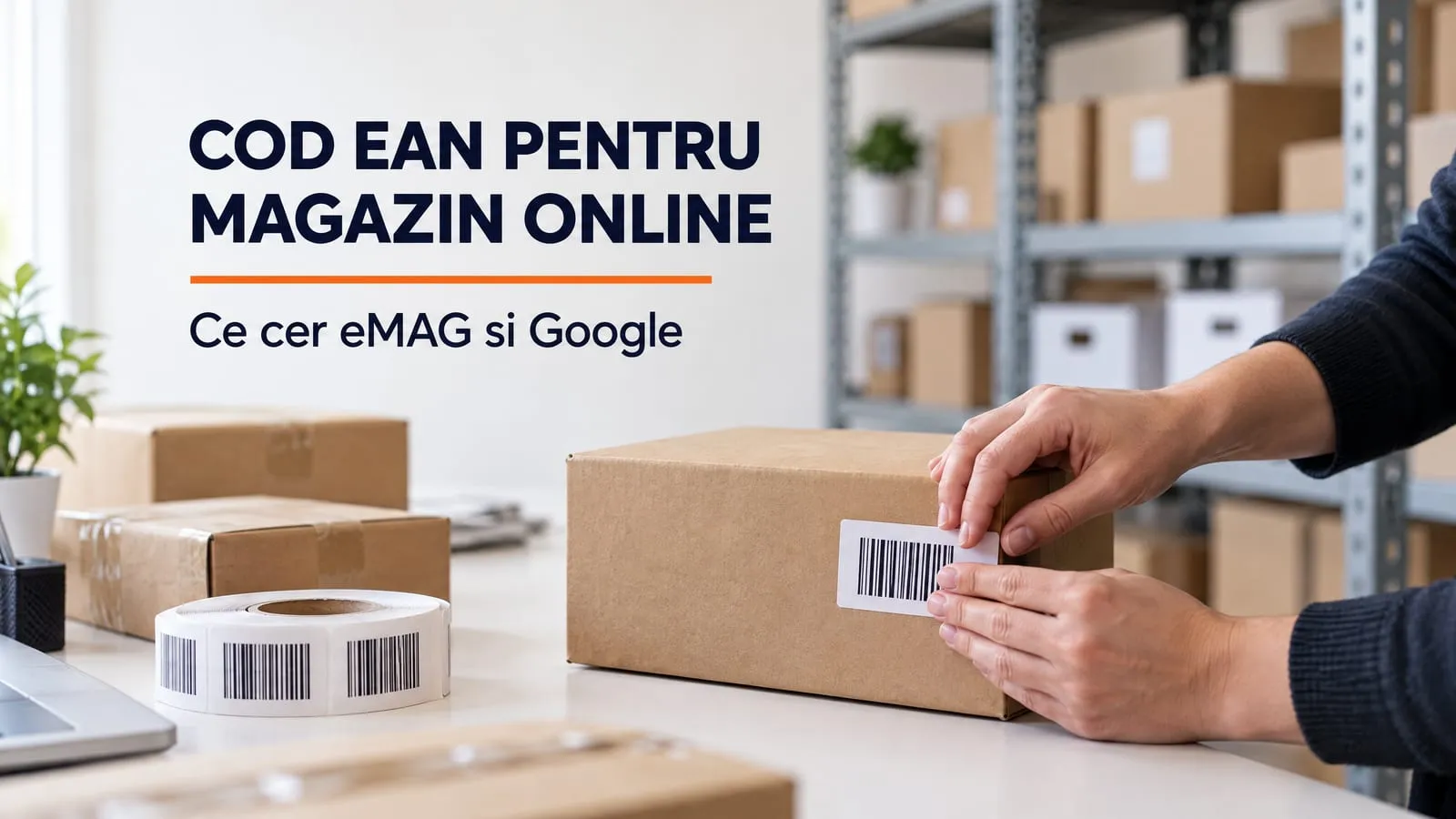 Masa de ambalare dintr-un depozit mic de magazin online: doua maini lipesc o eticheta cu cod de bare pe o cutie de carton, langa o rola de etichete si cateva colete, cu rafturi de cutii in fundal; pe imagine scrie COD EAN PENTRU MAGAZIN ONLINE, cu o linie portocalie sub titlu, si Ce cer eMAG si Google