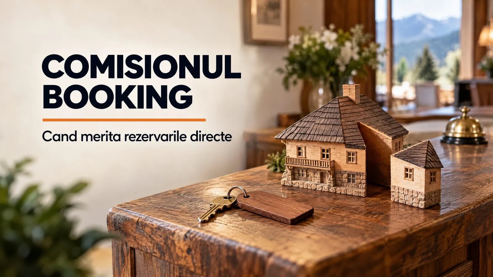 Receptia din lemn a unei pensiuni de munte: o macheta de lemn a pensiunii din care s-a taiat o felie, asezata separat, langa o cheie de camera cu breloc de lemn; pe imagine scrie COMISIONUL BOOKING si Cand merita rezervarile directe
