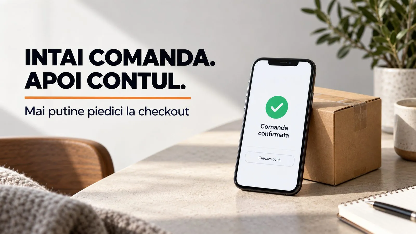 Telefon sprijinit de un colet, cu mesajul Comanda confirmata si, dedesubt, butonul optional Creeaza cont. Textul imaginii: Intai comanda. Apoi contul. Mai putine piedici la checkout.