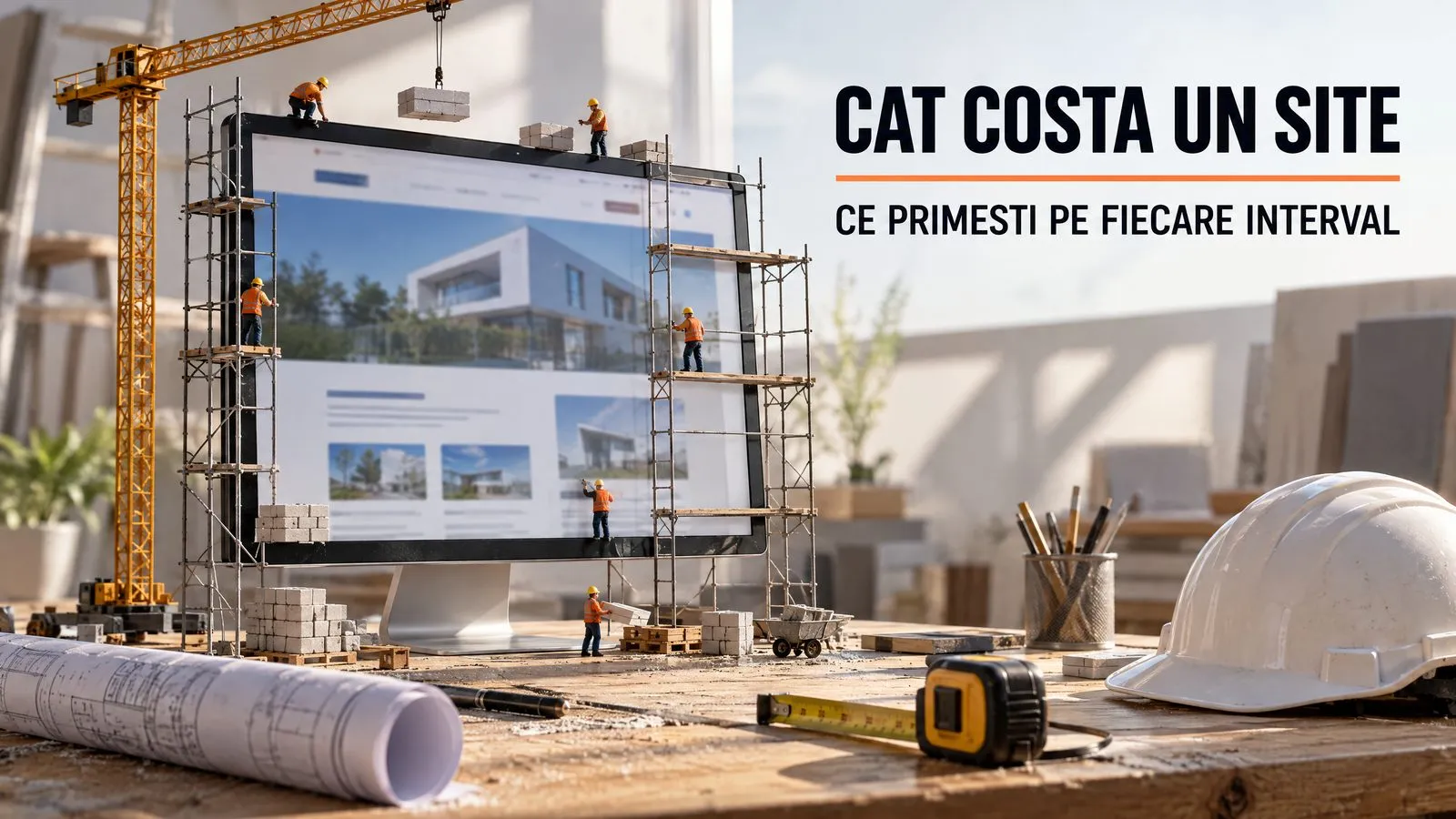 Monitor cu un site in lucru, inconjurat de schele, macara si muncitori in miniatura, ca un santier; pe imagine scrie Cat costa un site, ce primesti pe fiecare interval
