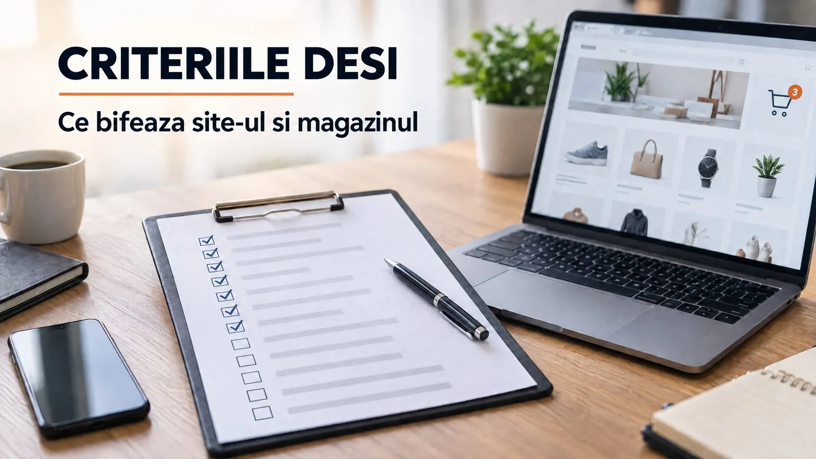 Pe un birou de lemn, un clipboard cu o lista de 12 casute, dintre care 7 bifate, langa un laptop deschis pe un magazin online cu produse si cos de cumparaturi; pe imagine scrie CRITERIILE DESI, cu o linie portocalie sub titlu, si Ce bifeaza site-ul si magazinul