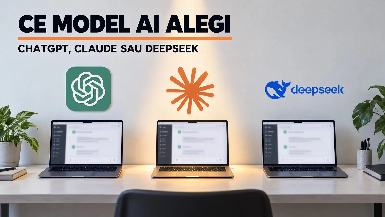 Trei laptopuri identice pe o masa, cu aceeasi interfata de chat si cu siglele ChatGPT, Claude si DeepSeek pe peretele din spate, cel din mijloc luminat; pe imagine scrie Ce model AI alegi, ChatGPT, Claude sau DeepSeek
