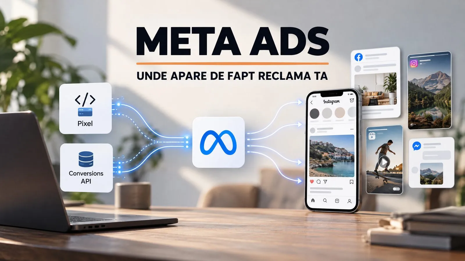 Schema pe un birou: pixelul si Conversions API trimit datele spre Meta, care le duce mai departe in feed, Reels, Messenger si Facebook, pe telefon si pe carduri; pe imagine scrie Meta Ads, unde apare de fapt reclama ta