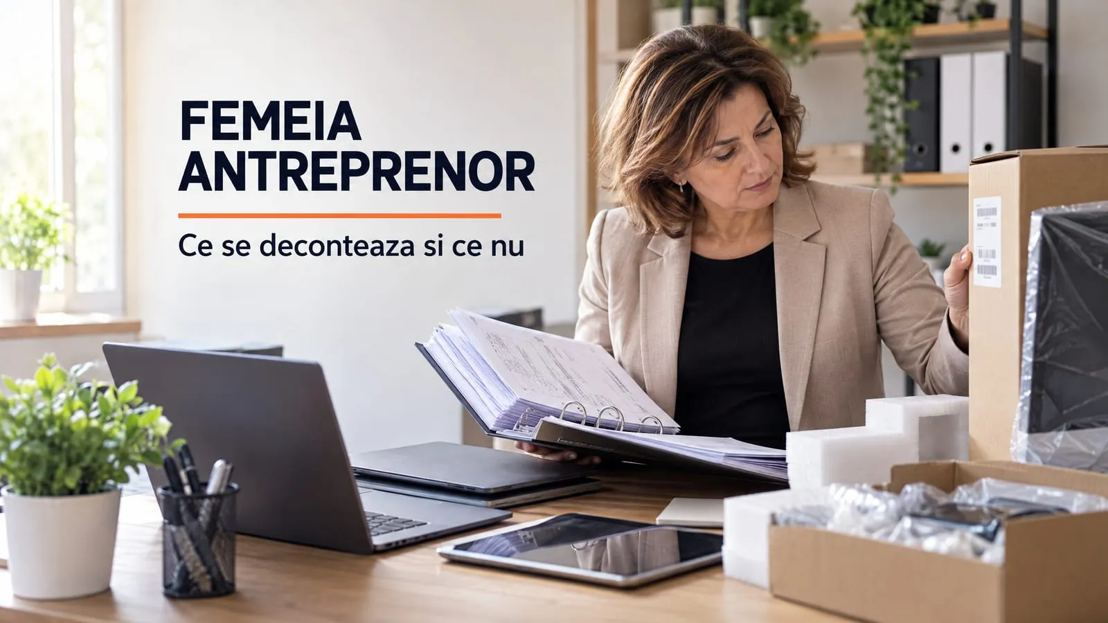 O antreprenoare in biroul firmei ei tine deschis un biblioraft gros cu facturi si verifica eticheta cu seria de pe cutia unui monitor abia livrat, langa laptopuri si o tableta noi; pe imagine scrie FEMEIA ANTREPRENOR, cu o linie portocalie sub titlu, si Ce se deconteaza si ce nu