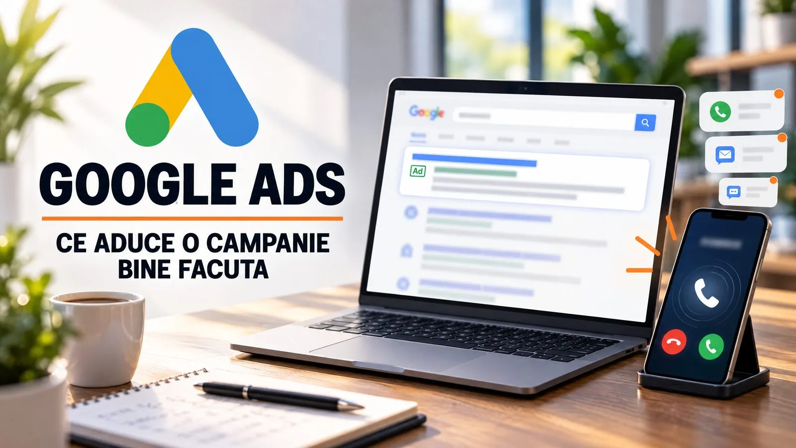 Laptop cu o pagina de rezultate Google in care primul rezultat e un anunt, langa un telefon care suna si notificari de cereri noi, cu sigla Google Ads alaturi; pe imagine scrie Google Ads, ce aduce o campanie bine facuta