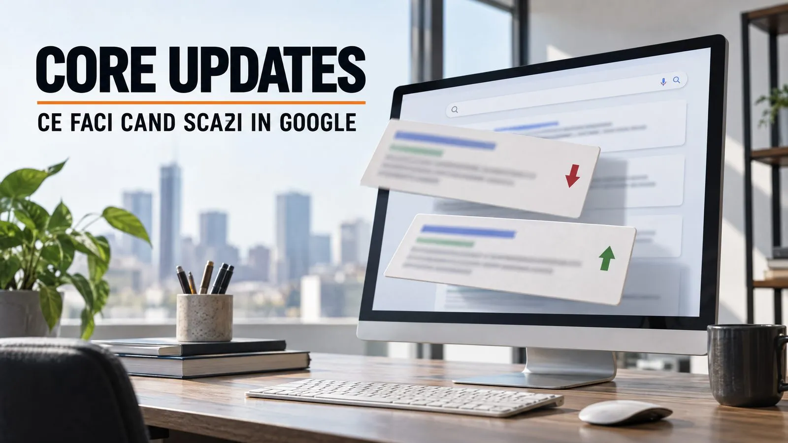 Monitor cu o pagina de rezultate de cautare din care se desprind doua rezultate, unul coborand cu sageata rosie si altul urcand cu sageata verde; pe imagine scrie Core updates, ce faci cand scazi in Google