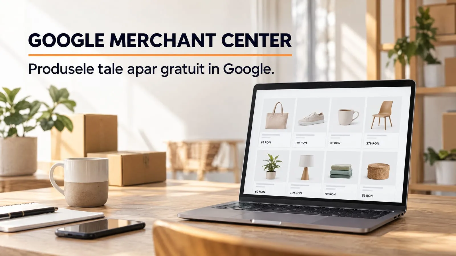 Masa de lucru dintr-un magazin online mic, cu colete si o cana de cafea; pe laptop e deschisa o pagina de rezultate de cumparaturi, cu opt carduri de produs si preturi in lei. Pe imagine scrie GOOGLE MERCHANT CENTER si Produsele tale apar gratuit in Google