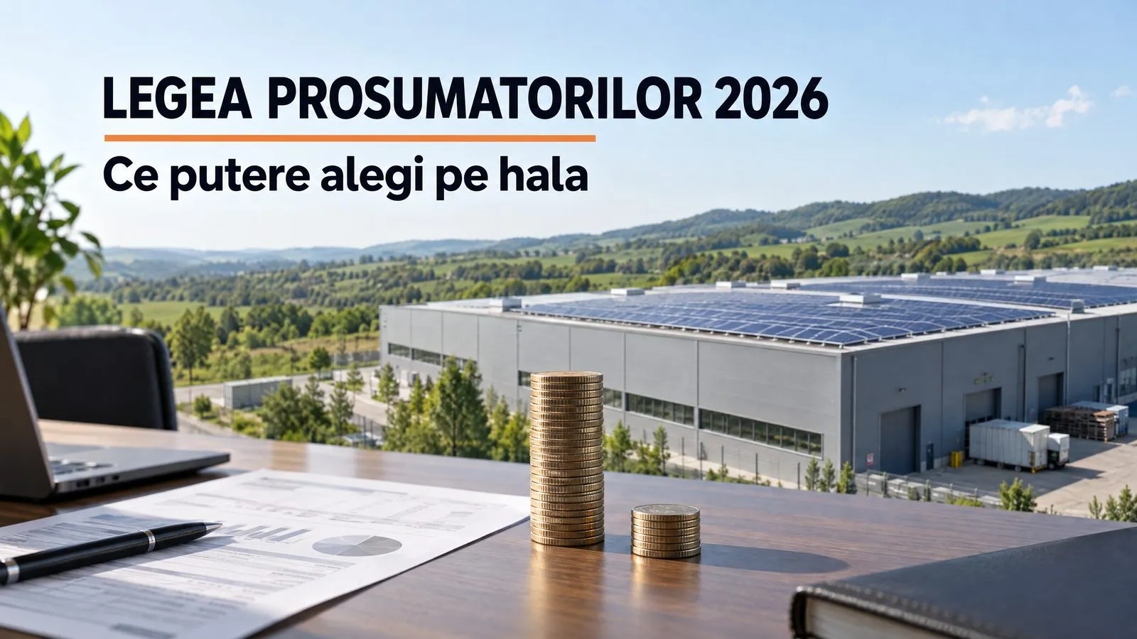 Pe un birou de lemn, langa un document tiparit si un pix, stau doua teancuri de monede, unul inalt si unul scund; in fundal, o hala industriala cu panouri fotovoltaice pe acoperis, intre dealuri verzi. Pe imagine scrie LEGEA PROSUMATORILOR 2026, cu o linie portocalie sub titlu, si Ce putere alegi pe hala
