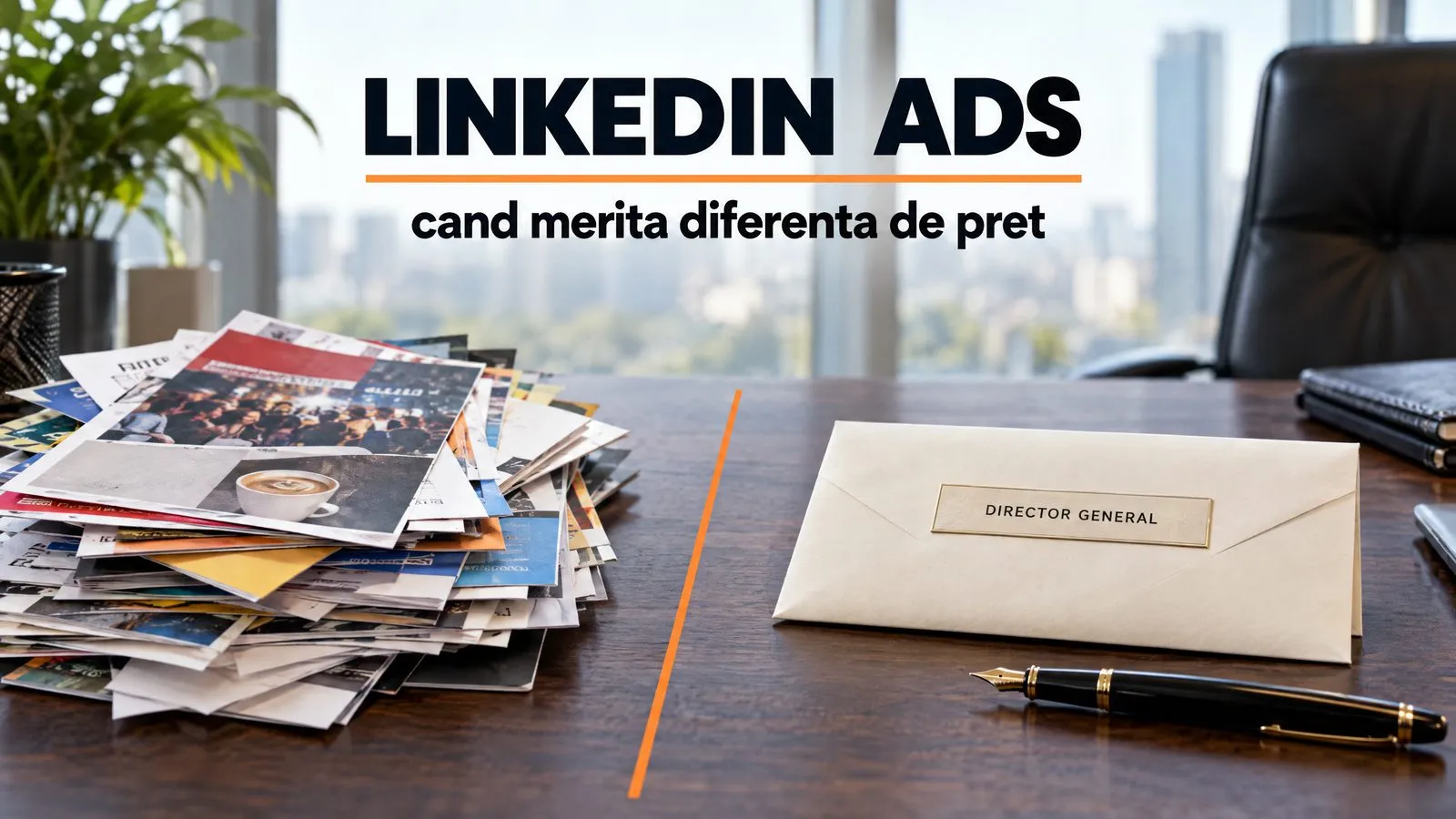 Birou de director: in stanga o gramada de pliante ieftine, in dreapta un plic crem cu eticheta Director general si un stilou; pe imagine scrie LINKEDIN ADS si cand merita diferenta de pret
