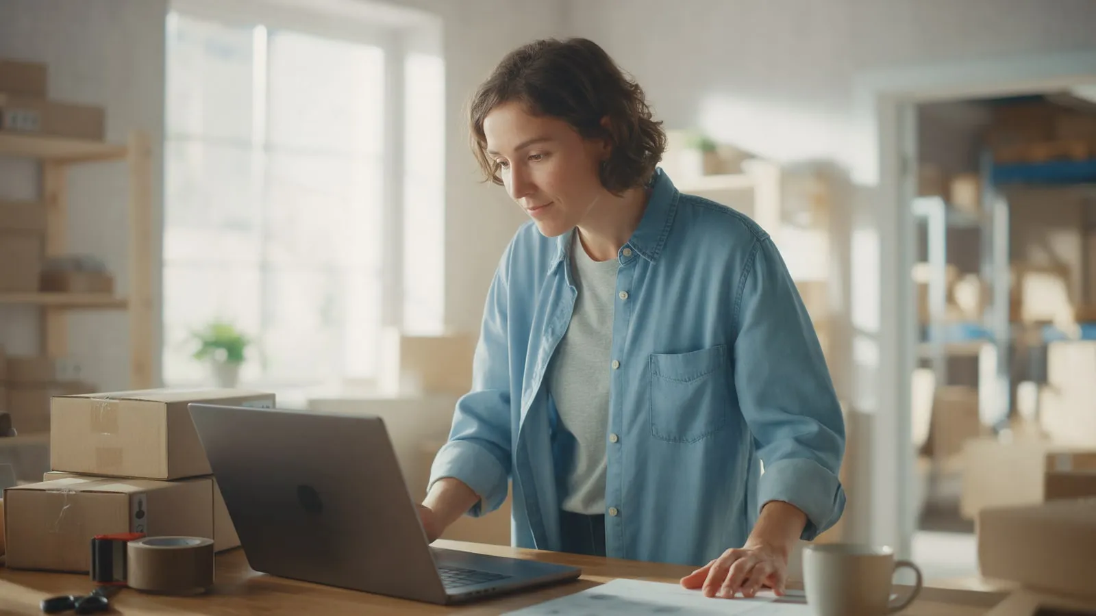 Antreprenoare care isi verifica magazinul online pe laptop, langa coletele pregatite de expediere