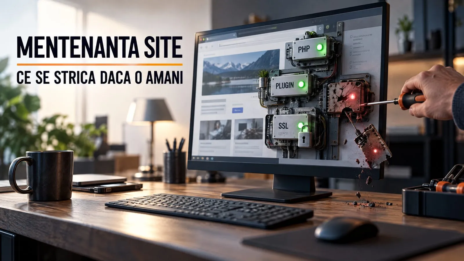Monitor cu un site pe care componentele apar ca module fizice etichetate PHP, PLUGIN si SSL, cu leduri verzi, iar unul ruginit cu led rosu se desprinde si cade in timp ce o mana intervine cu surubelnita; pe imagine scrie Mentenanta site, ce se strica daca o amani