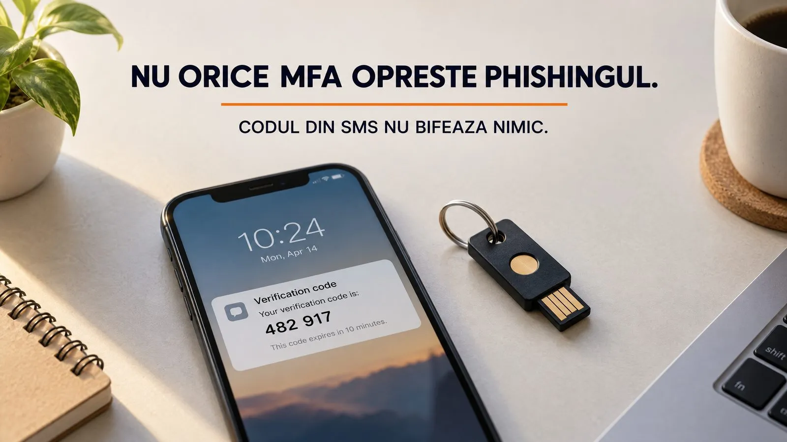 Birou cu un telefon care afiseaza un cod de verificare si o cheie de securitate fizica in prim-plan; pe imagine scrie Nu orice MFA opreste phishingul