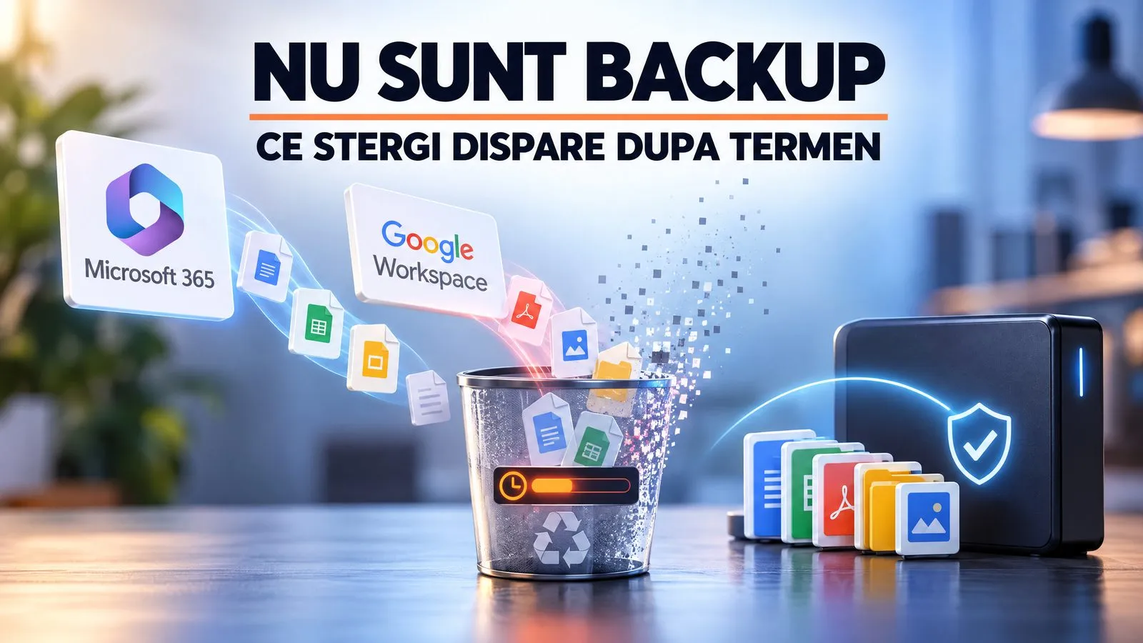 Fisiere care pleaca din Microsoft 365 si Google Workspace cad intr-un cos de reciclare cu cronometru si se dezintegreaza, in timp ce un hard disk extern le pastreaza intacte; pe imagine scrie Nu sunt backup, ce stergi dispare dupa termen