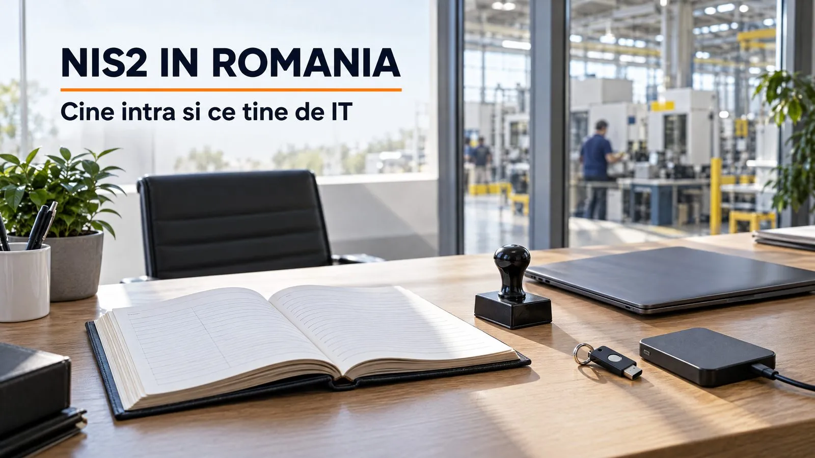 Pe biroul unui manager de fabrica, cu hala de productie in spatele unui perete de sticla, stau un registru deschis, o stampila, un laptop inchis, o cheie de securitate pe un breloc si un disc extern de backup. Pe imagine scrie NIS2 IN ROMANIA, cu o linie portocalie sub titlu, si Cine intra si ce tine de IT