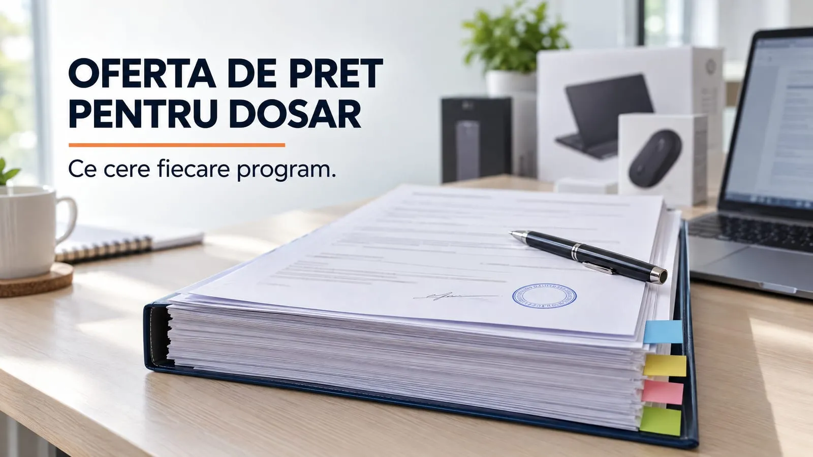 O oferta de pret semnata si stampilata, cu un pix deasupra, asezata pe un dosar gros de finantare cu separatoare colorate, pe un birou luminat, cu un laptop si cutii de echipamente IT in fundal; pe imagine scrie OFERTA DE PRET PENTRU DOSAR, cu o linie portocalie sub titlu, si Ce cere fiecare program.