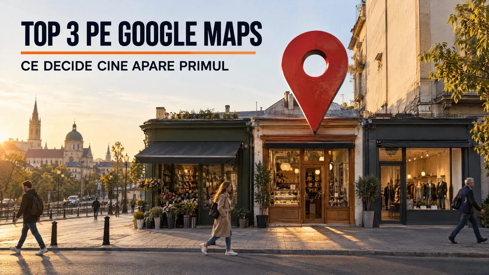 Trei magazine mici pe o strada, cu un pin de harta urias, fizic, deasupra celui din mijloc; pe imagine scrie Top 3 pe Google Maps, ce decide cine apare primul