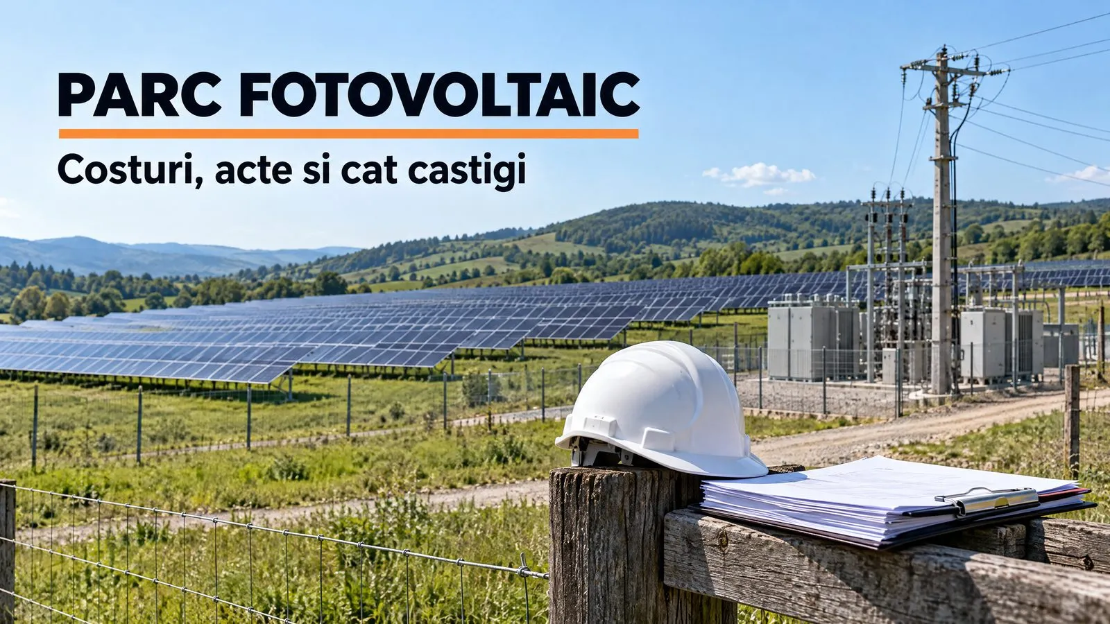 Un parc fotovoltaic intins pe dealuri verzi, la amiaza, cu o statie de transformare si un stalp de inalta tensiune la margine; in prim-plan, pe un stalp de gard din lemn, o casca de protectie alba si un teanc de documente pe un clipboard. Pe imagine scrie PARC FOTOVOLTAIC, cu o linie portocalie sub titlu, si Costuri, acte si cat castigi