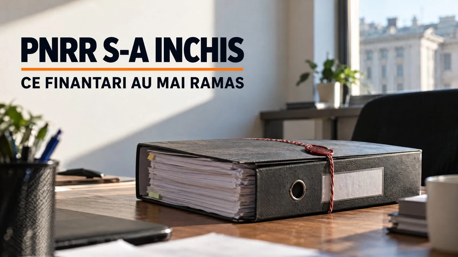 Dosar gros legat cu snur si sigiliu de ceara, pe un birou institutional; pe imagine scrie PNRR s-a inchis, ce finantari au mai ramas