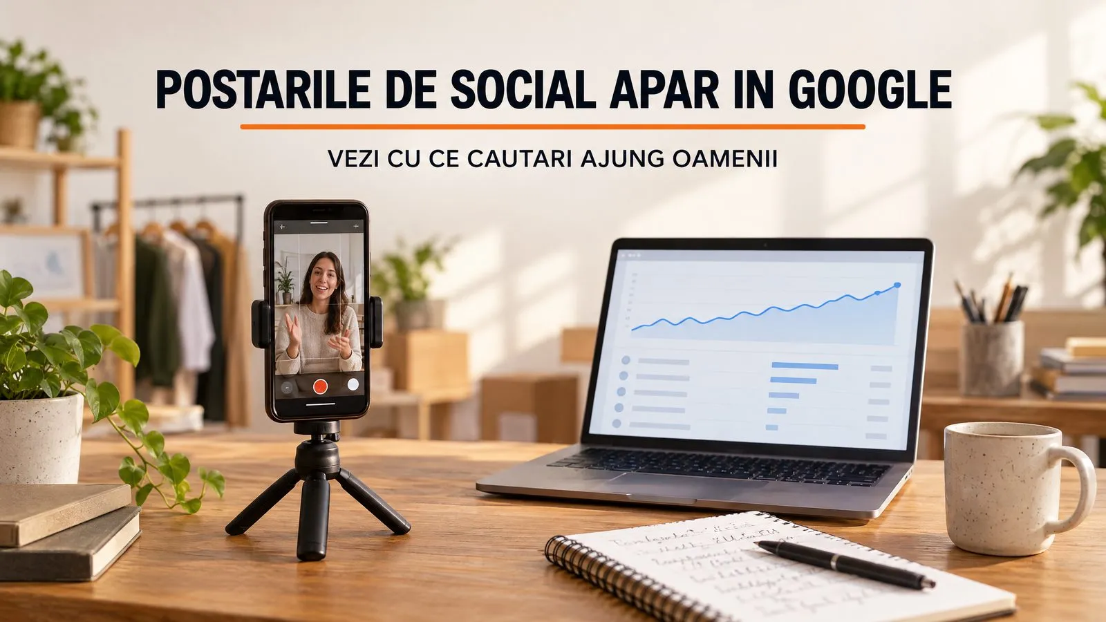 Telefon pe trepied care filmeaza o vanzatoare intr-un magazin mic, iar alaturi un laptop cu un grafic de trafic in crestere; pe imagine scrie Postarile de social apar in Google, vezi cu ce cautari ajung oamenii
