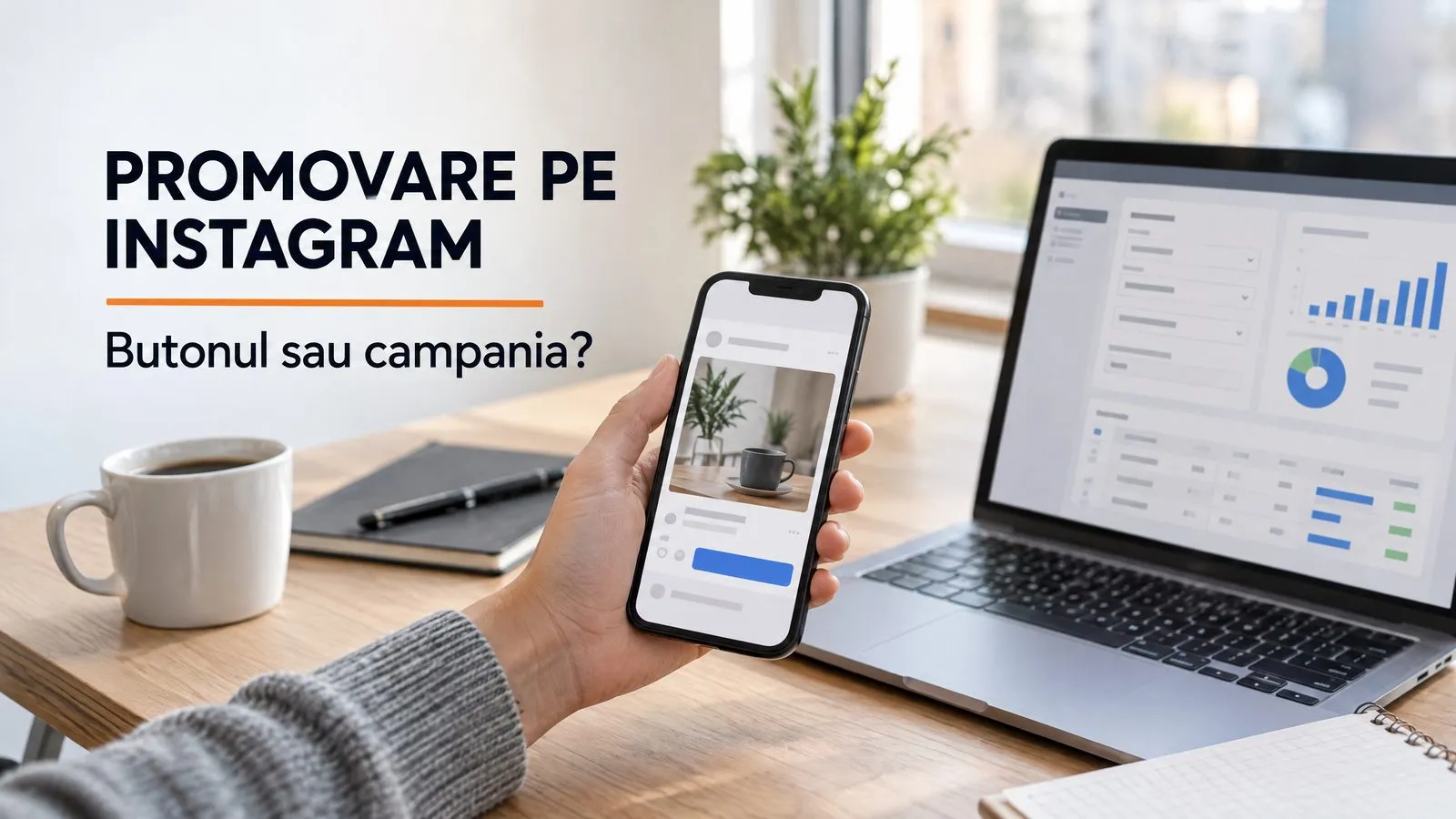 Pe un birou de lemn, o mana tine un telefon cu o postare de social media si un buton albastru evidentiat, langa un laptop deschis pe un panou de campanie cu grafice; pe imagine scrie PROMOVARE PE INSTAGRAM, cu o linie portocalie sub titlu, si Butonul sau campania?