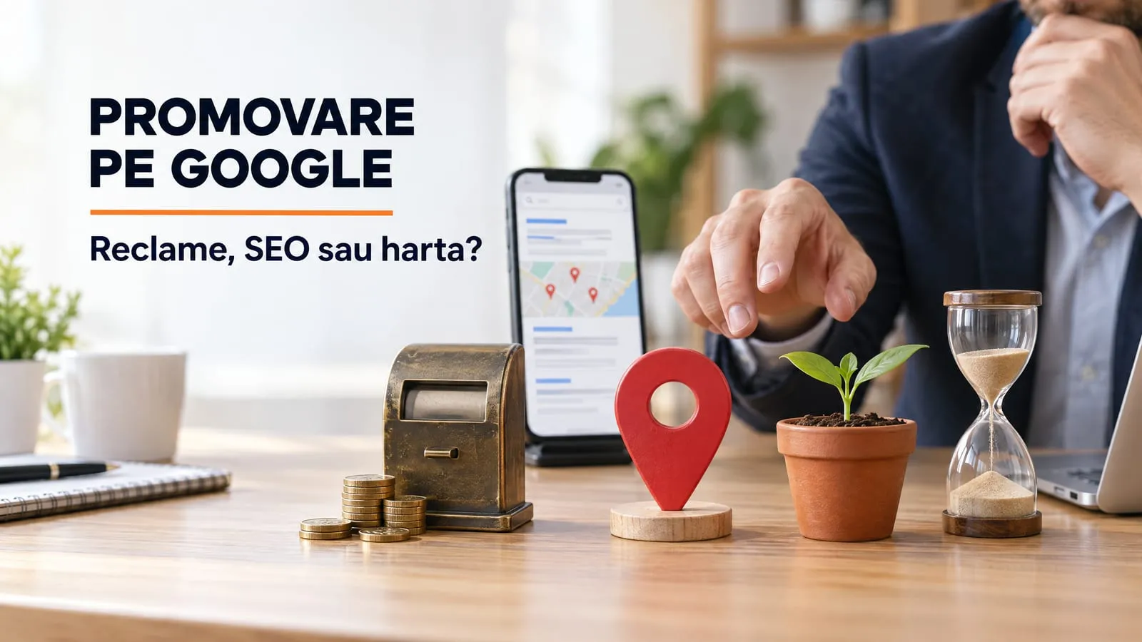 Pe un birou de lemn, un contor vechi cu monede langa el, un pion rosu de harta si un rasad intr-un ghiveci langa o clepsidra stau in fata unui telefon care arata o pagina de rezultate cu o harta, iar o mana se intinde spre ele; pe imagine scrie PROMOVARE PE GOOGLE, cu o linie portocalie sub titlu, si Reclame, SEO sau harta?