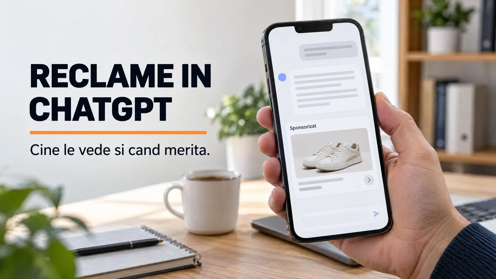 Pe un birou de lemn, o mana tine un telefon cu o conversatie de chat in care, sub raspuns, apare un card marcat Sponsorizat, cu o pereche de pantofi sport; pe imagine scrie RECLAME IN CHATGPT, cu o linie portocalie sub titlu, si Cine le vede si cand merita