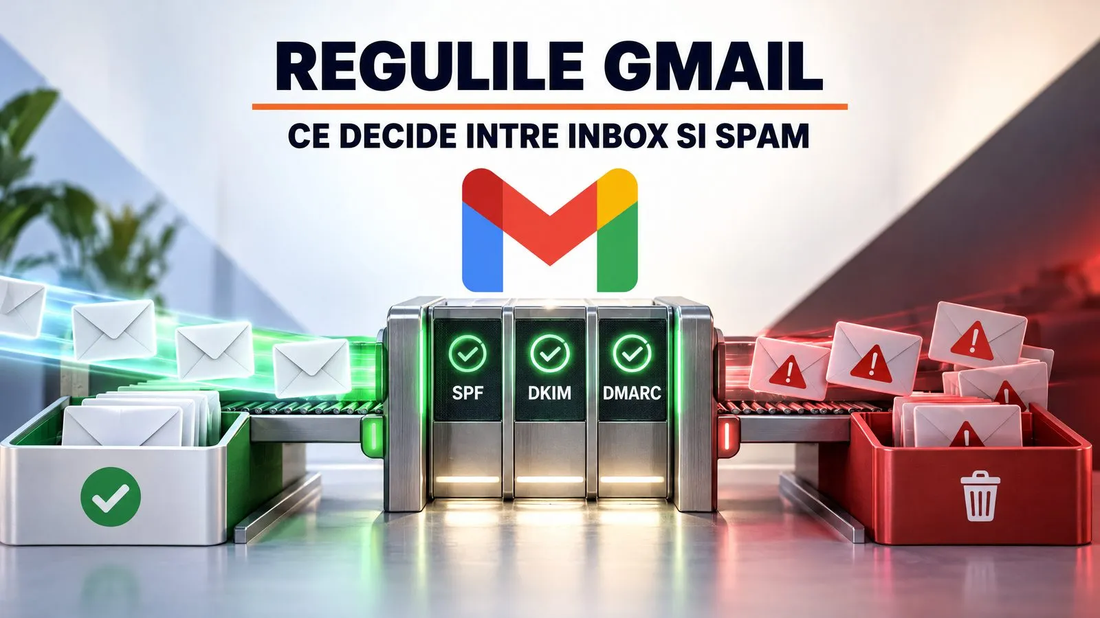 Banda de sortare pe care plicurile trec prin trei porti de verificare, SPF, DKIM si DMARC: cele validate merg spre inbox, cele respinse cad in cosul rosu, cu sigla Gmail deasupra; pe imagine scrie Regulile Gmail, ce decide intre inbox si spam