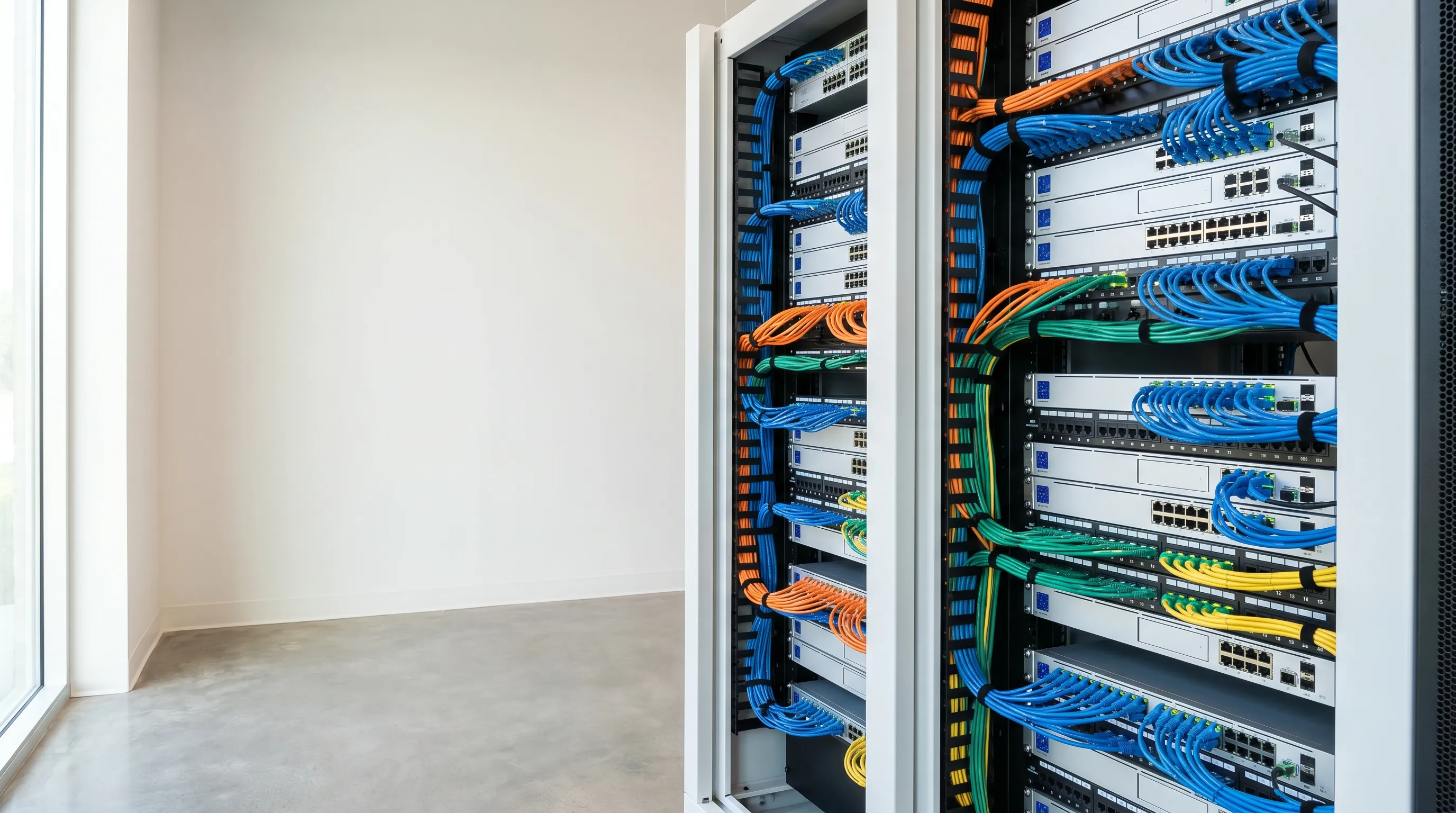 Network rack with structured cabling and networking equipment