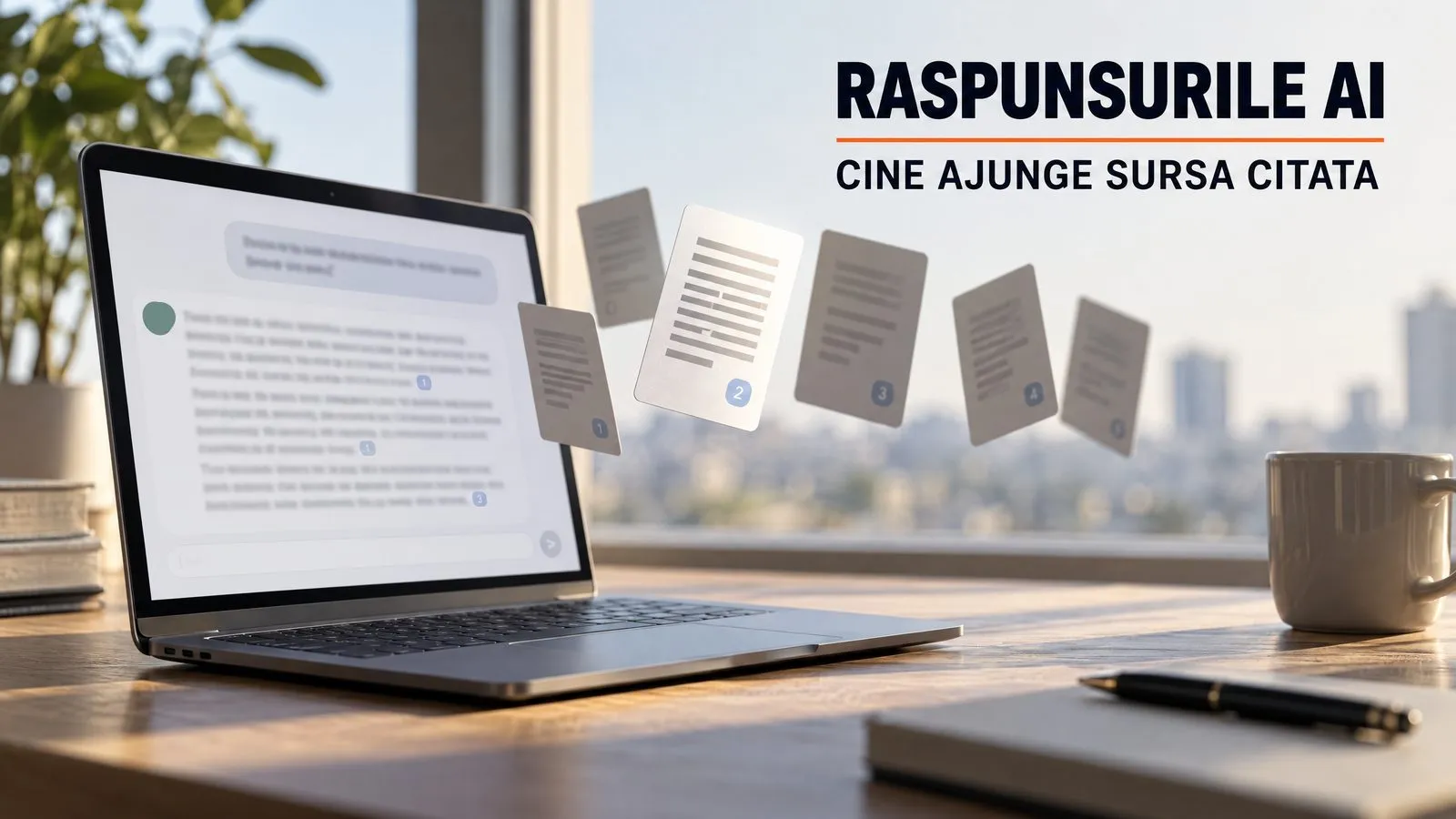 Laptop cu o interfata de chat AI din care se ridica in aer fise de sursa, una singura luminata; pe imagine scrie Raspunsurile AI, cine ajunge sursa citata