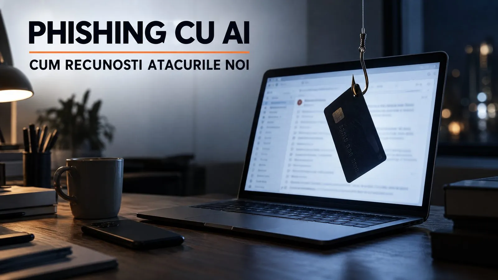 Card bancar prins intr-un carlig de pescuit si scos dintr-un laptop deschis pe casuta de email, intr-un birou noaptea; pe imagine scrie Phishing cu AI, cum recunosti atacurile noi