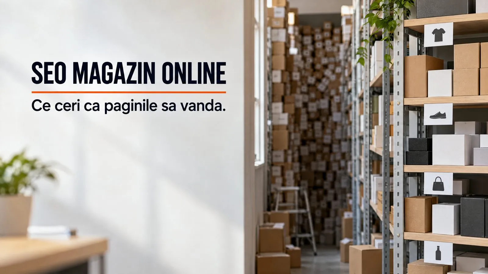 Depozitul unui magazin online: in dreapta, rafturi ordonate cu cutii si etichete cu pictograme (tricou, pantof, geanta, sticla), iar in spate un culoar plin pana in tavan cu sute de cutii identice; pe imagine scrie SEO MAGAZIN ONLINE, cu o linie portocalie sub titlu, si Ce ceri ca paginile sa vanda