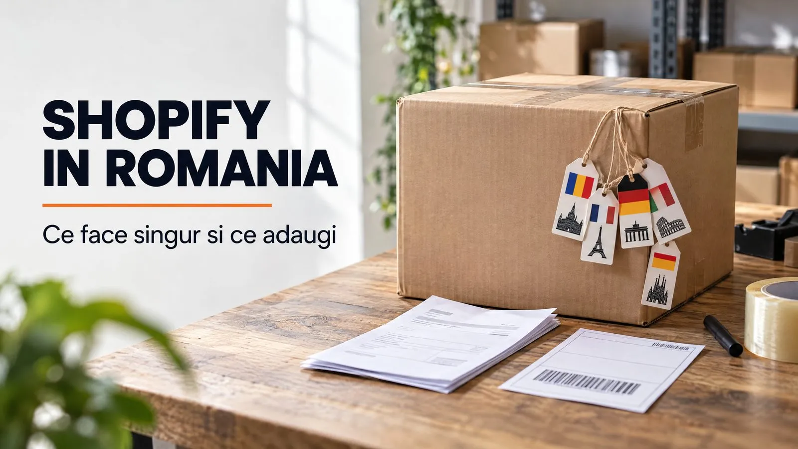 Colet sigilat pe o masa de ambalare, cu etichete de destinatie pentru mai multe tari europene, iar alaturi o factura tiparita si o eticheta de curier inca neatasate; pe imagine scrie SHOPIFY IN ROMANIA si Ce face singur si ce adaugi