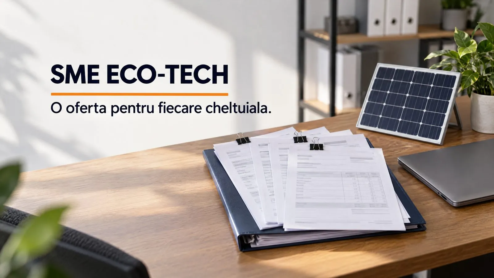 Un biblioraft bleumarin pe un birou de lemn, cu mai multe oferte de pret prinse cu clame deasupra, langa un panou fotovoltaic mic si un laptop inchis; pe imagine scrie SME ECO-TECH, cu o linie portocalie sub titlu, si O oferta pentru fiecare cheltuiala.