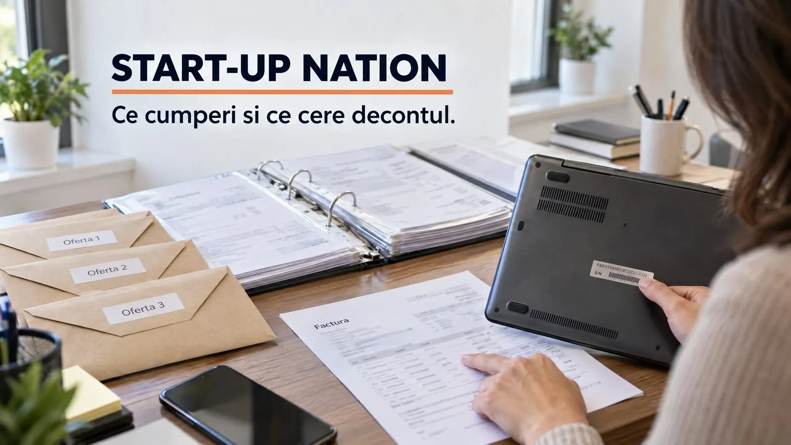 Un birou pe care se strange dosarul de decont: un biblioraft deschis cu facturi, trei plicuri pe care scrie Oferta 1, Oferta 2 si Oferta 3, iar in dreapta o mana care tine un laptop intors, cu eticheta S/N, deasupra facturii pe care se verifica seria; pe imagine scrie START-UP NATION, cu o linie portocalie sub titlu, si Ce cumperi si ce cere decontul.