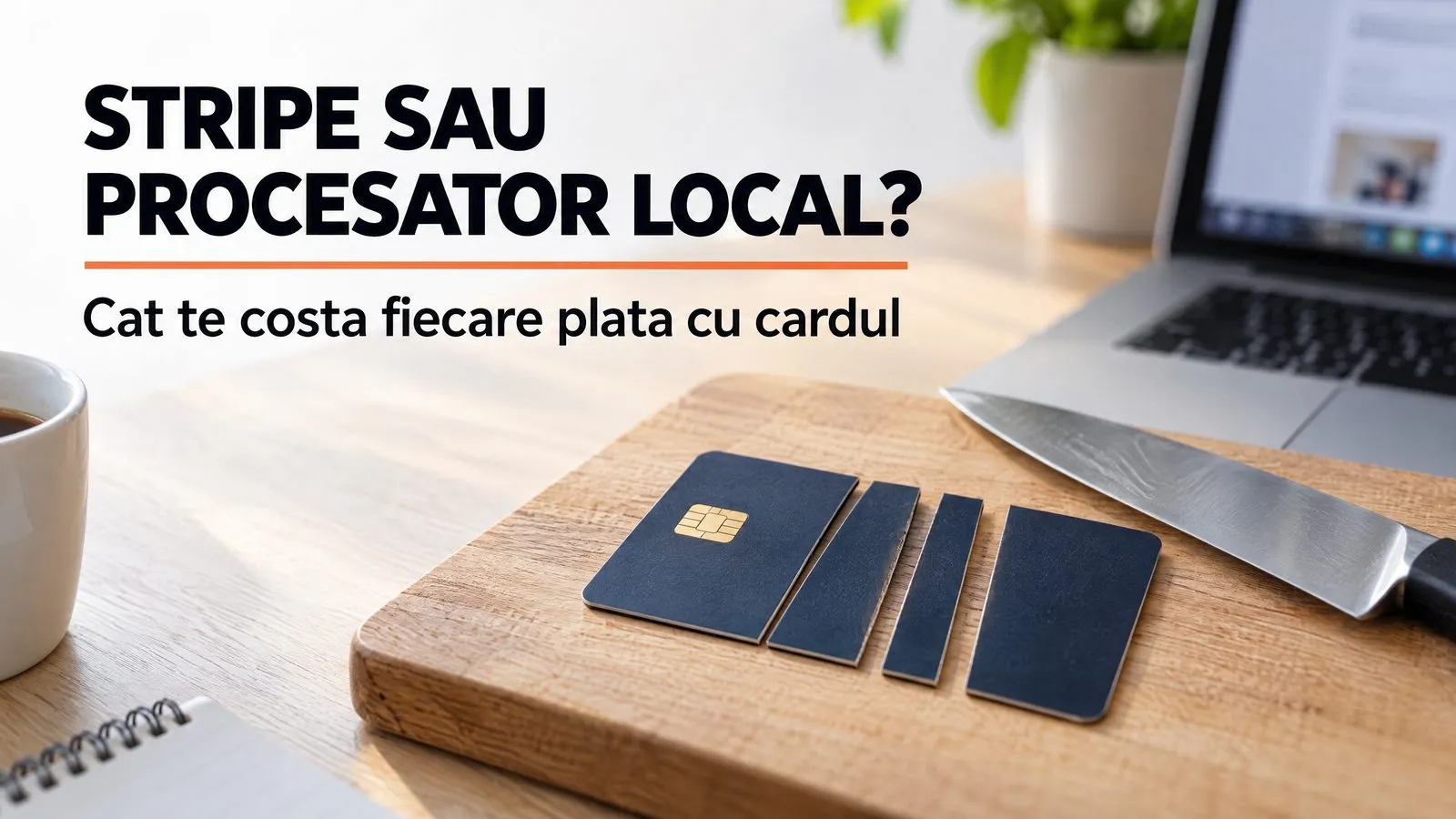 Pe un tocator de lemn, un card bancar albastru inchis, cu cip, e taiat cu un cutit in felii de grosimi diferite, langa un laptop si o cana de cafea. Pe imagine scrie STRIPE SAU PROCESATOR LOCAL?, cu o linie portocalie sub titlu, si Cat te costa fiecare plata cu cardul