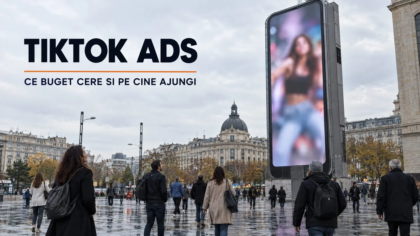 Telefon vertical cat o cladire, ridicat intr-o piata publica, cu trecatori in jur; pe imagine scrie TikTok Ads, ce buget cere si pe cine ajungi