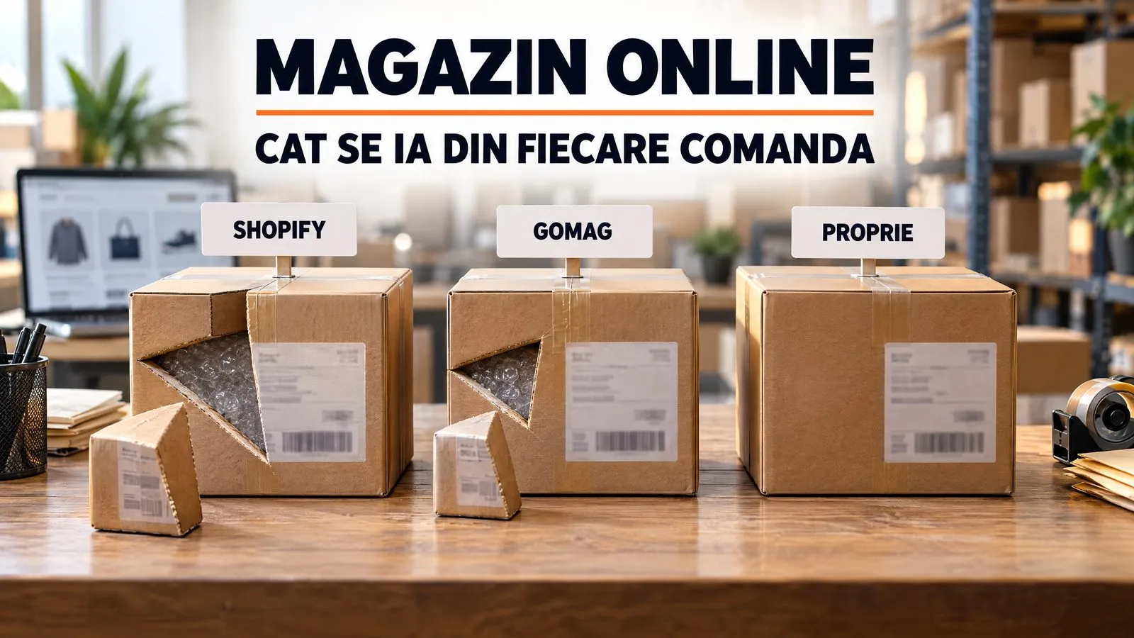 Trei colete pe o masa de ambalare, sub tablite cu Shopify, Gomag si Proprie: din primele doua a fost taiata si scoasa cate o felie, inegale, al treilea e intreg; pe imagine scrie Magazin online, cat se ia din fiecare comanda