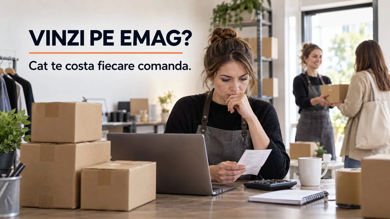 Vanzatoarea unui magazin online, la masa de ambalare: colete stivuite in stanga, laptop, calculator de birou si o chitanta in mana, iar in fundal doi oameni care pregatesc un colet; pe imagine scrie VINZI PE EMAG? si Cat te costa fiecare comanda.