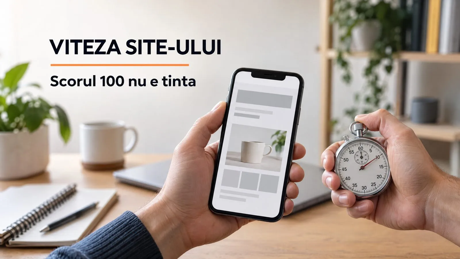 Intr-un birou luminos, o mana tine un telefon pe care pagina unui site e incarcata pe jumatate, doar blocuri gri si poza unei cani, iar cealalta mana tine un cronometru mecanic; pe imagine scrie VITEZA SITE-ULUI, cu o linie portocalie sub titlu, si Scorul 100 nu e tinta